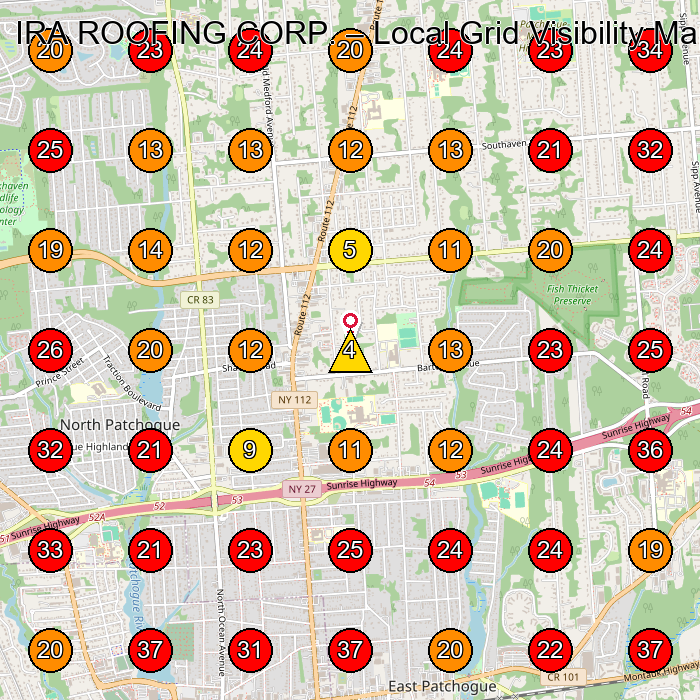 IRA ROOFING CORP. GeoGrid visibility map for Roofing Contractor in Medford